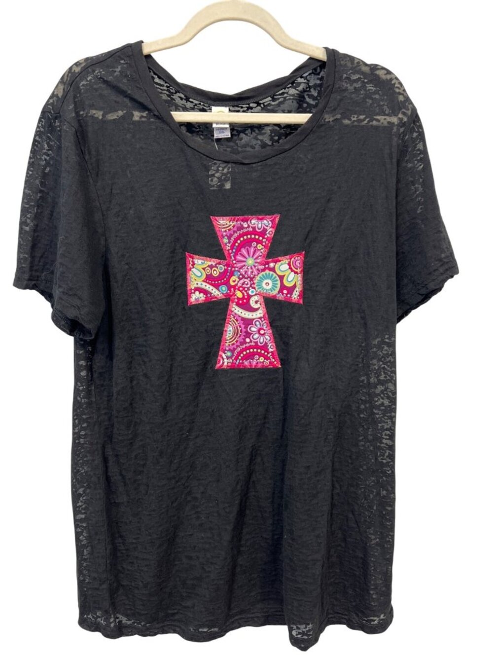 Kavio T Shirt Size 2XL Sheer Burnout Short Sleeve Embellished Colorful Cross NEW